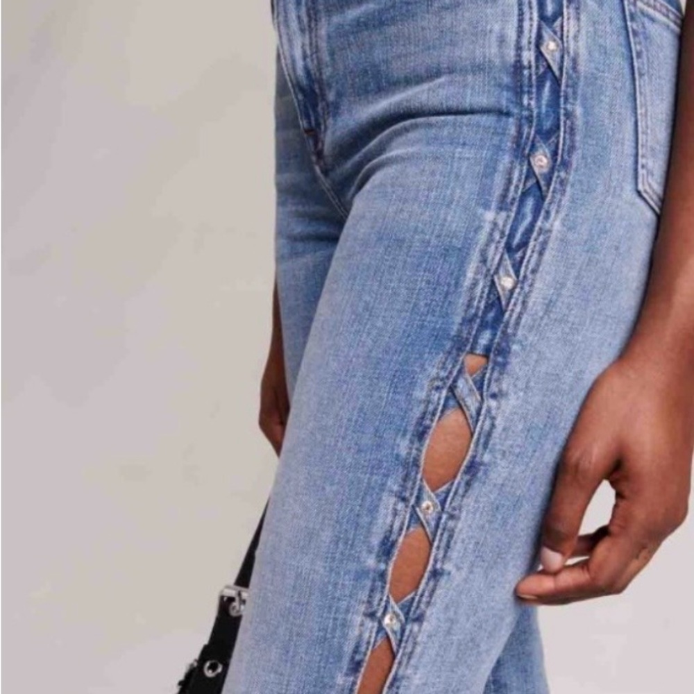 Maje Light Blue Skinny Jeans with Side Cutouts and Stud Trim